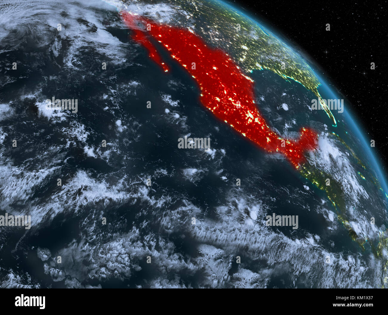 Night above Mexico highlighted in red on model of planet Earth in space ...