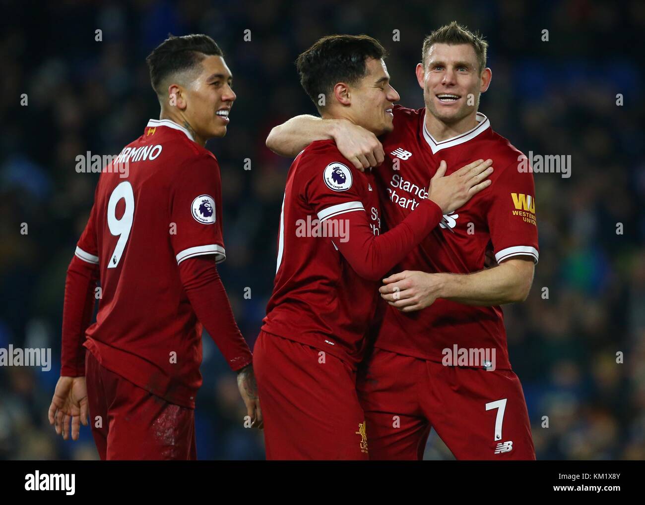 James Milner of Liverpool celebrates with goal scorer Philippe Coutinho during the Premier League match between Brighton and Hove Albion and Liverpool at the American Express Community Stadium in Brighton and Hove. 02 Dec 2017 *** EDITORIAL USE ONLY *** FA Premier League and Football League images are subject to DataCo Licence see www.football-dataco.com Stock Photo