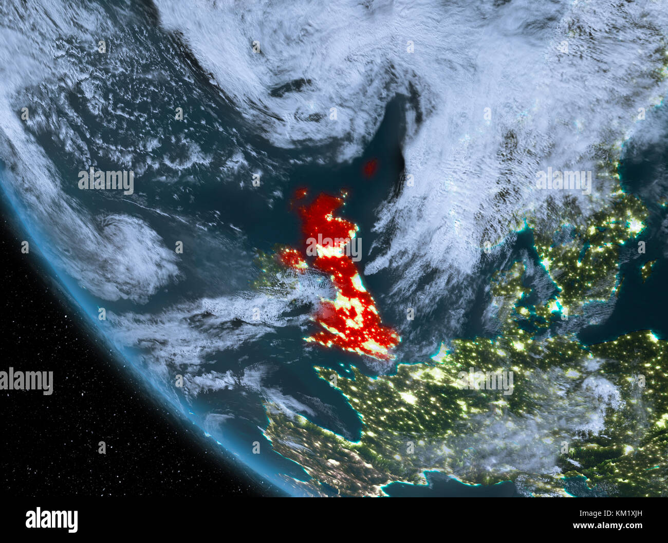 United Kingdom at night highlighted in red on planet Earth with clouds ...