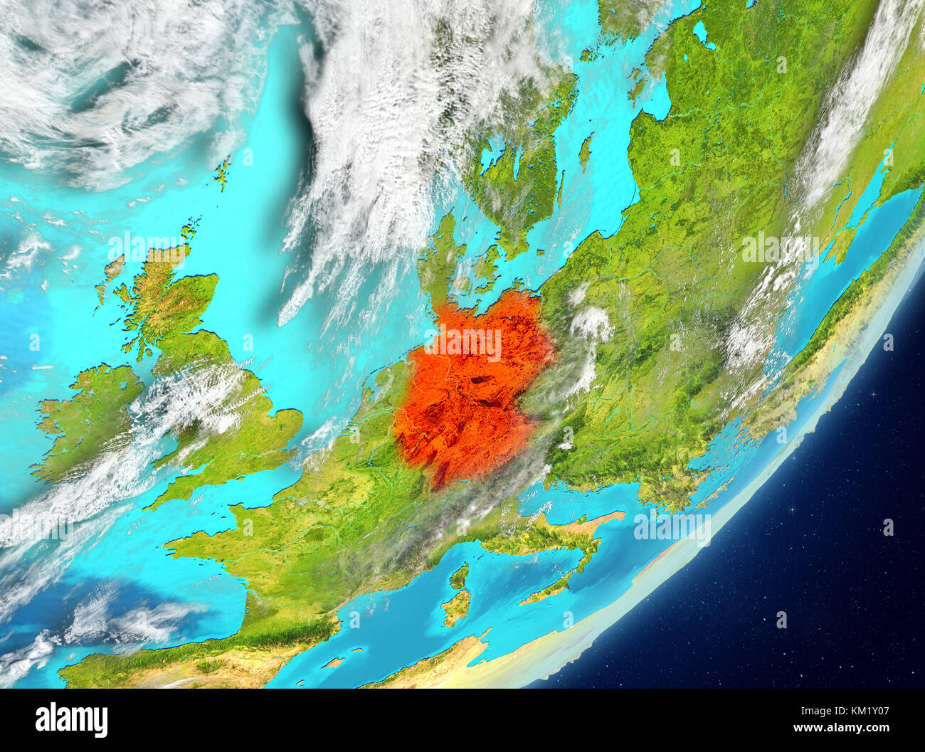 Satellite view of Germany highlighted in red on planet Earth with clouds. 3D illustration. Elements of this image furnished by NASA. Stock Photo