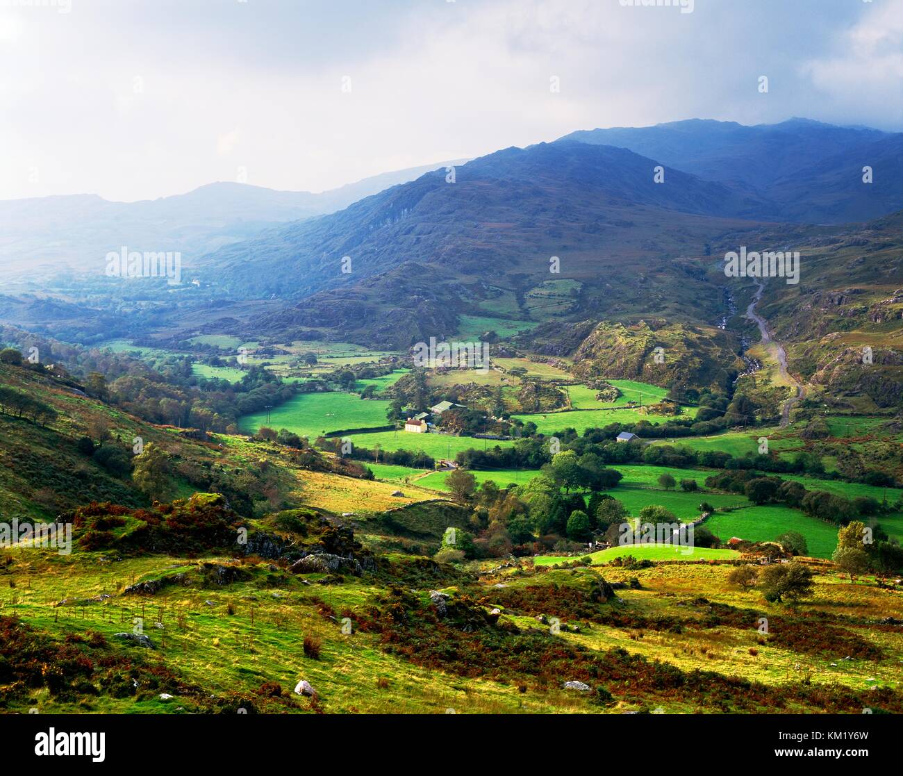 Valley farm hillfarm landscape in the Shehy Mountains, County Cork, southeast of Kenmare, Ireland. Stock Photo