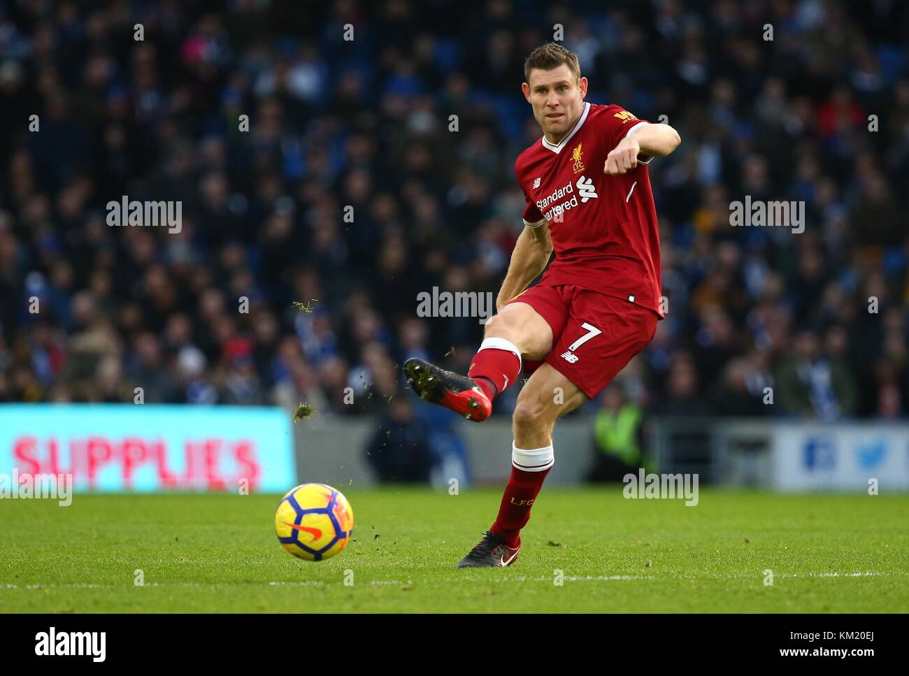 James Milner of Liverpool passes the ball during the Premier League match between Brighton and Hove Albion and Liverpool at the American Express Community Stadium in Brighton and Hove. 02 Dec 2017 *** EDITORIAL USE ONLY *** FA Premier League and Football League images are subject to DataCo Licence see www.football-dataco.com Stock Photo