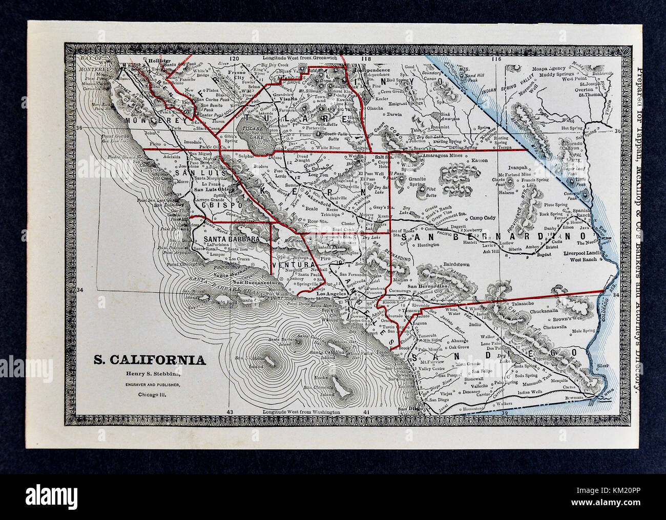 George Cram Antique Map from 1866 Atlas for Attorneys and Bankers: United States - Southern California - Los Angeles San Diego Santa Barbara Stock Photo