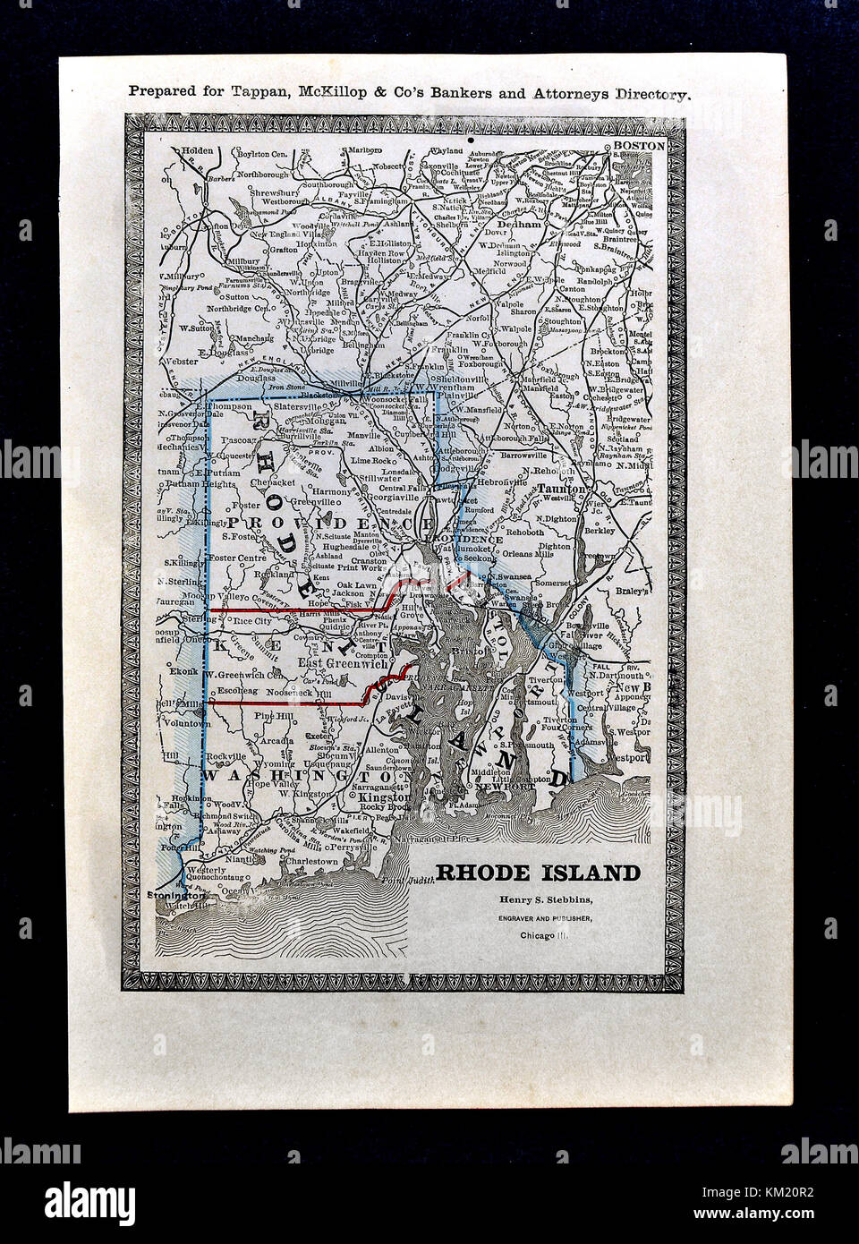 George Cram Antique Map from 1866 Atlas for Attorneys and Bankers: United States - Rhode Island - Providence Bristol Newport Stock Photo