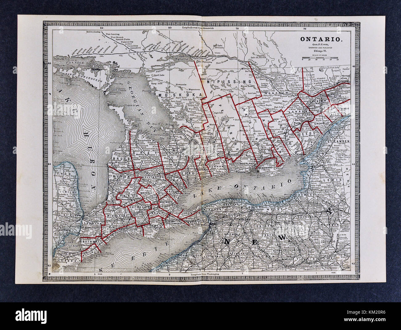 George Cram Antique Map from 1866 Atlas for Attorneys and Bankers: Ontario Canada - Toronto London Hamilton Windsor Stock Photo
