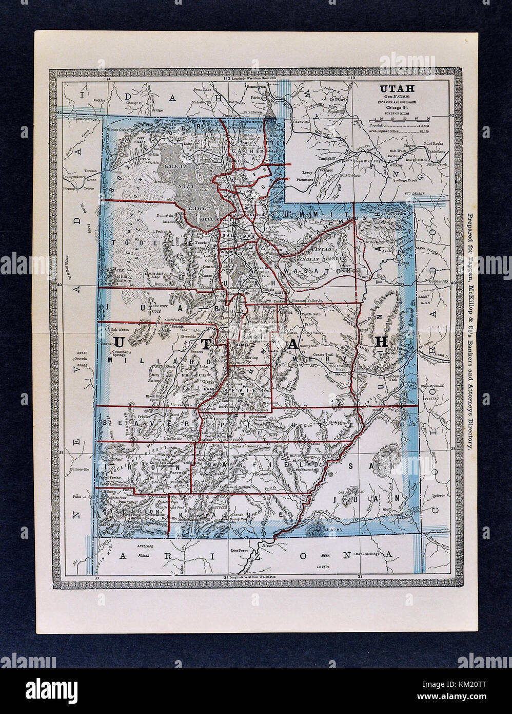 George Cram Antique Map from 1866 Atlas for Attorneys and Bankers: United States - Utah - Salt Lake City Great Salt Lake Provo Moab Stock Photo