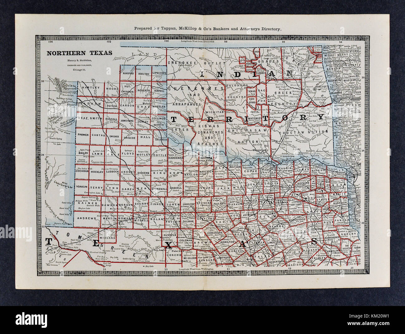 George Cram Antique Map from 1866 Atlas for Attorneys and Bankers: United States - North Texas & Indian Territory Oklahoma - Dallas Fort Worth Denton Tulsa Stock Photo