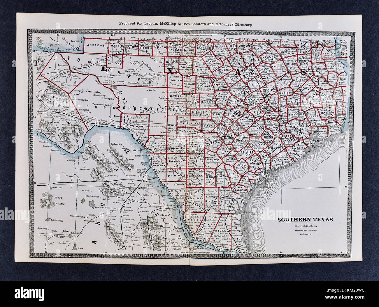 George Cram Antique Map from 1866 Atlas for Attorneys and Bankers: United States - South Texas - Austin San Antonio Brownsville El Paso Stock Photo