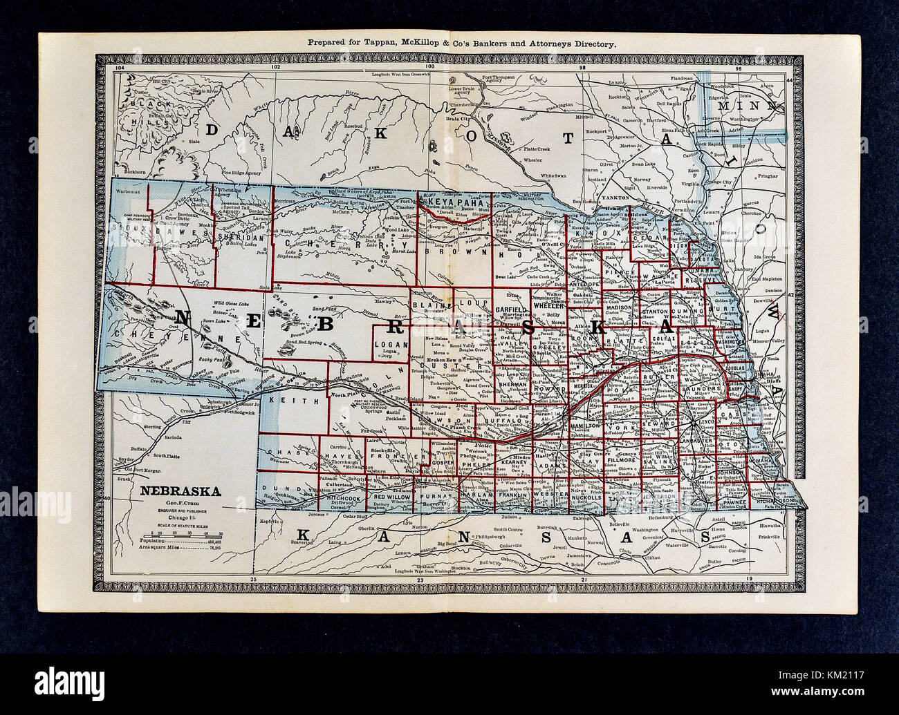 George Cram Antique Map from 1866 Atlas for Attorneys and Bankers: United States - Nebraska - Omaha Lincoln Stock Photo