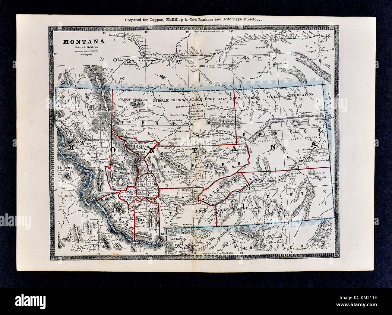 George Cram Antique Map from 1866 Atlas for Attorneys and Bankers: United States - Montana - Billings Helena Missoula Butte Stock Photo