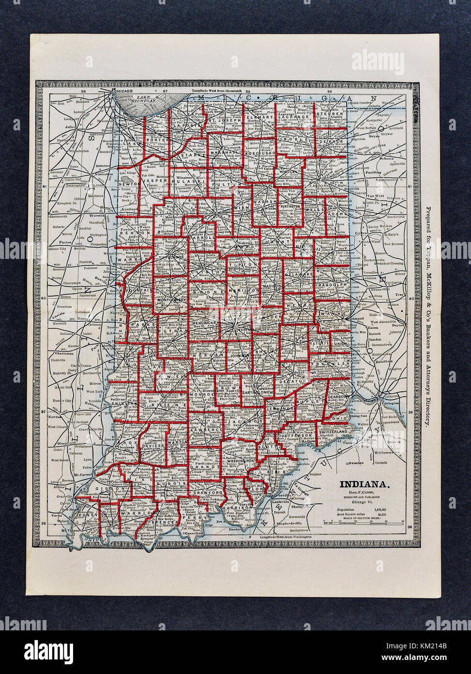 George Cram Antique Map from 1866 Atlas for Attorneys and Bankers: United States - Indiana - Indianapolis Fort Wayne South Bend Stock Photo