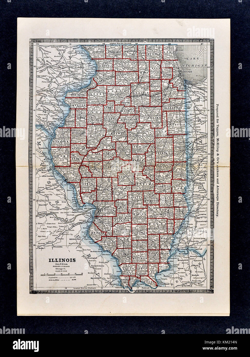 George Cram Antique Map from 1866 Atlas for Attorneys and Bankers: United States - Illinois - Springfield Chicago Stock Photo