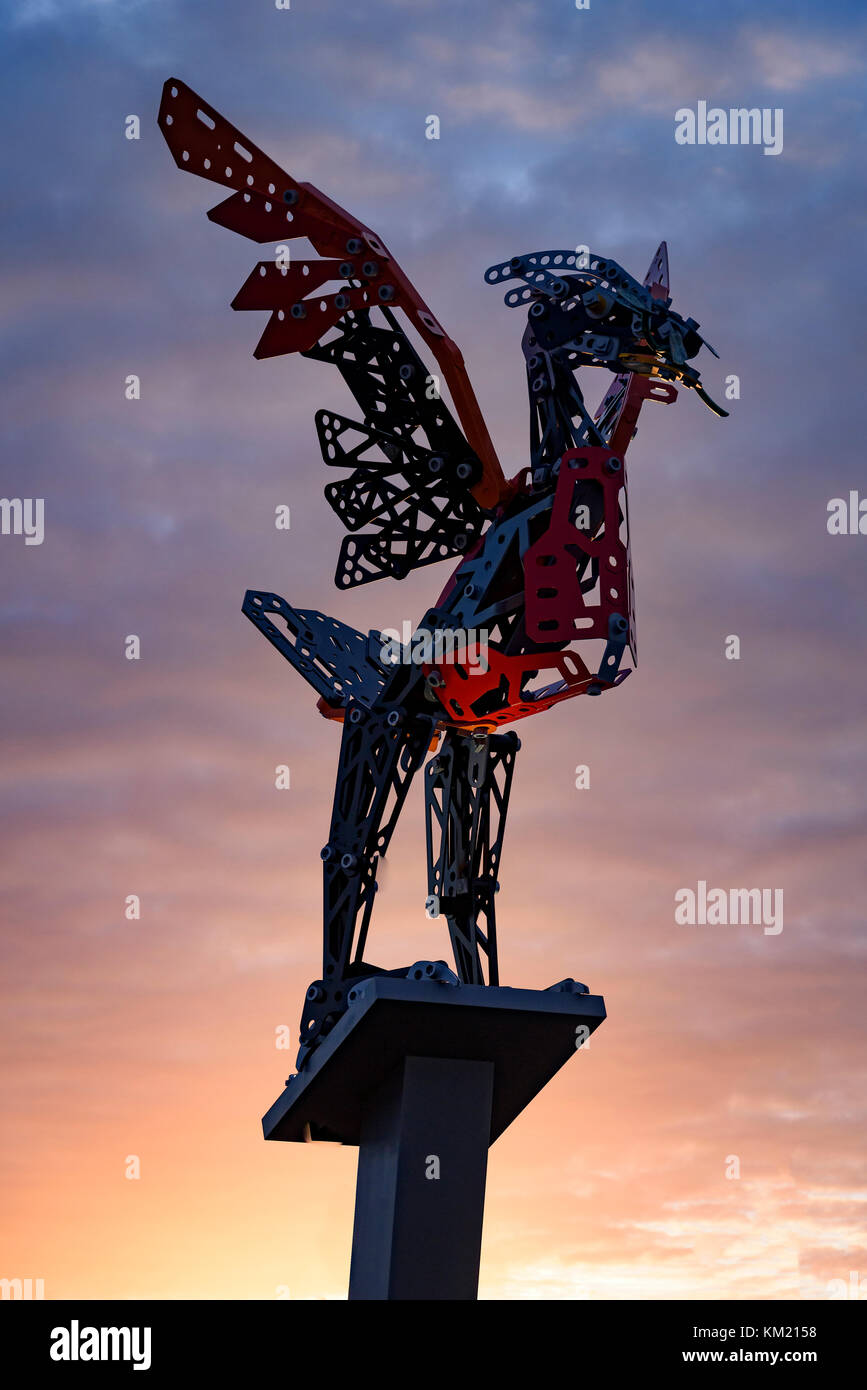 New Liverbird statue at Liverpool Shopping Park. Made to look like Meccano Stock Photo