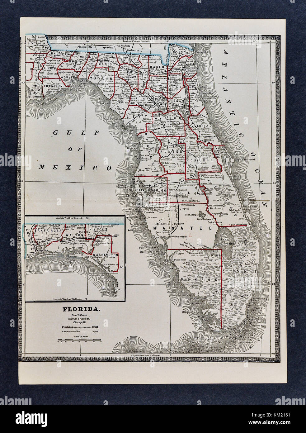 George Cram Antique Map from 1866 Atlas for Attorneys and Bankers: United States - Florida - Tallahassee Miami Tampa St. Augustine Jacksonville Orlando Stock Photo