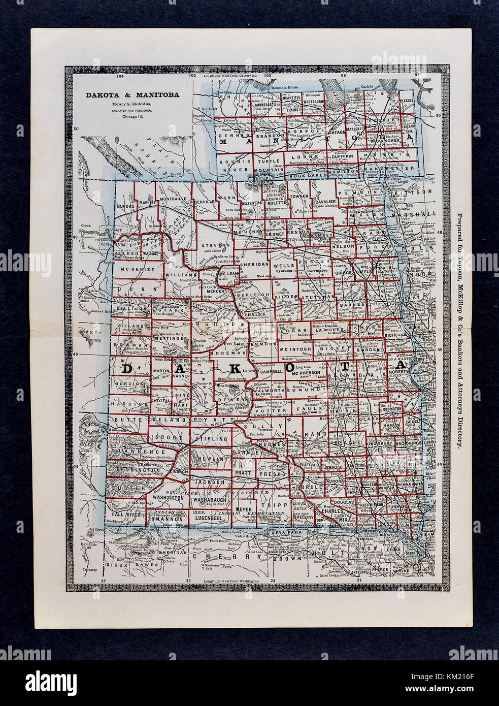 George Cram Antique Map from 1866 Atlas for Attorneys and Bankers: United States - North & South Dakota - Bismark Pierre & Manitoba Canada Winnipeg Stock Photo