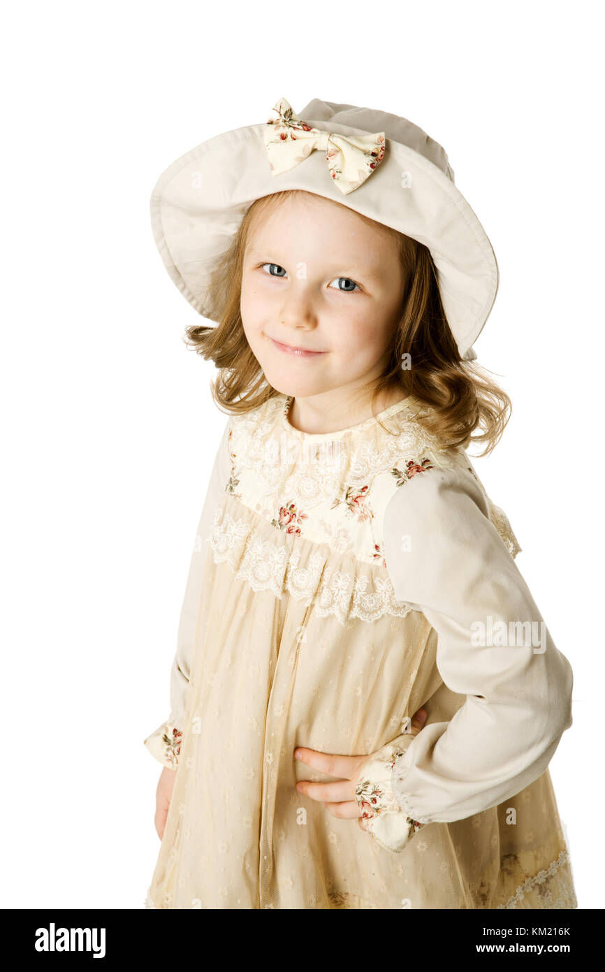 happy beautiful girl wearing hat portrait isolated on white Stock Photo