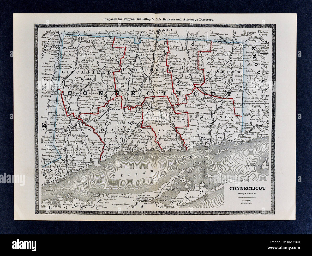 George Cram Antique Map from 1866 Atlas for Attorneys and Bankers: United States - Connecticut - Hartford New Haven Stock Photo