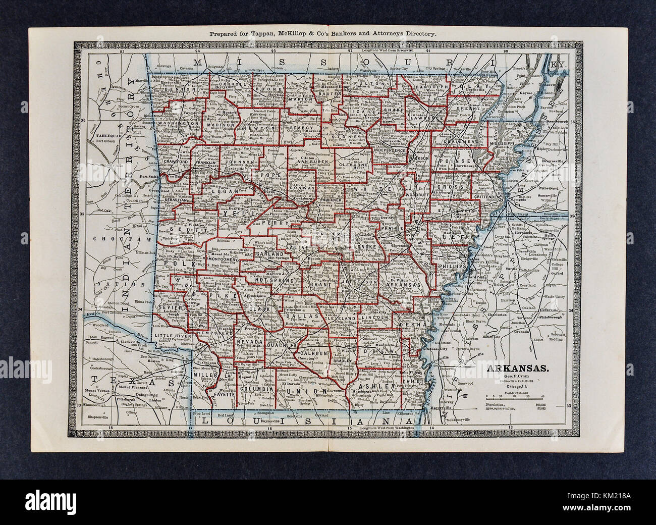George Cram Antique Map from 1866 Atlas for Attorneys and Bankers: United States - Arkansas - Little Rock Hot Springs Fayetteville Jonesboro Stock Photo