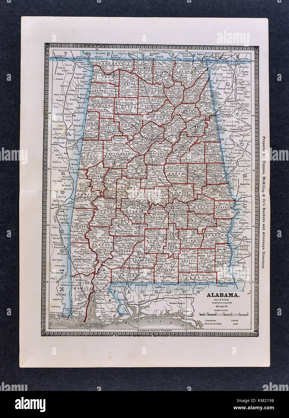 George Cram Antique Map from 1866 Atlas for Attorneys and Bankers: United States - Alabama - Birmingham Montgomery Auburn Tuscaloosa Gulf Shores Stock Photo