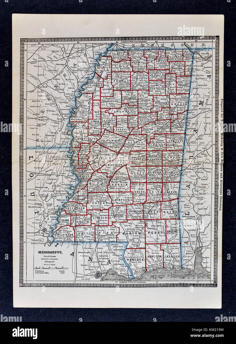 George Cram Antique Map from 1866 Atlas for Attorneys and Bankers: United States - Mississippi - Jackson Vicksburg Biloxi Natchez Stock Photo