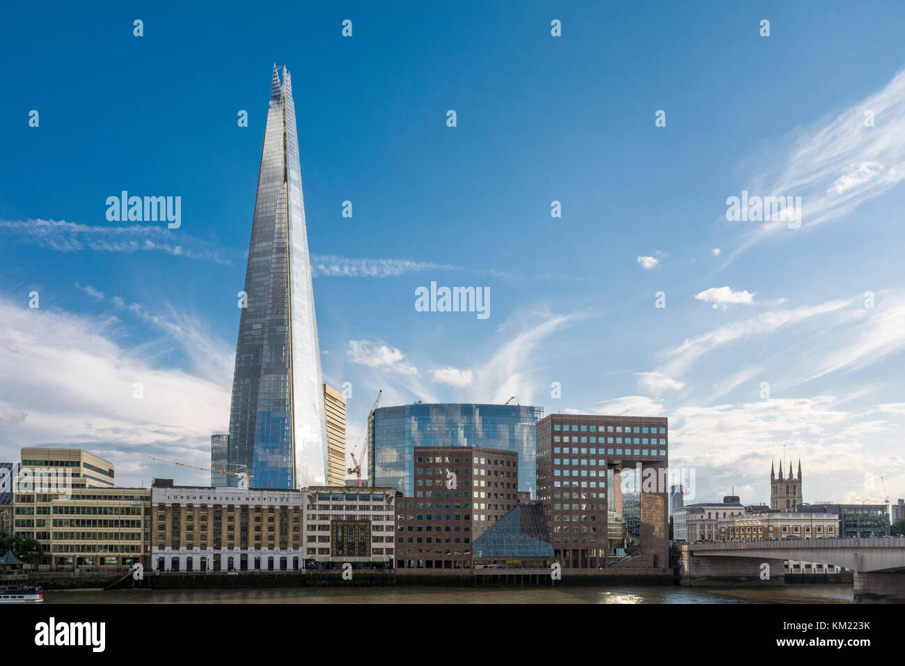 London Thames Southbank skyline with 1 London Bridge, The Shard, London Bridge Hospital Stock Photo