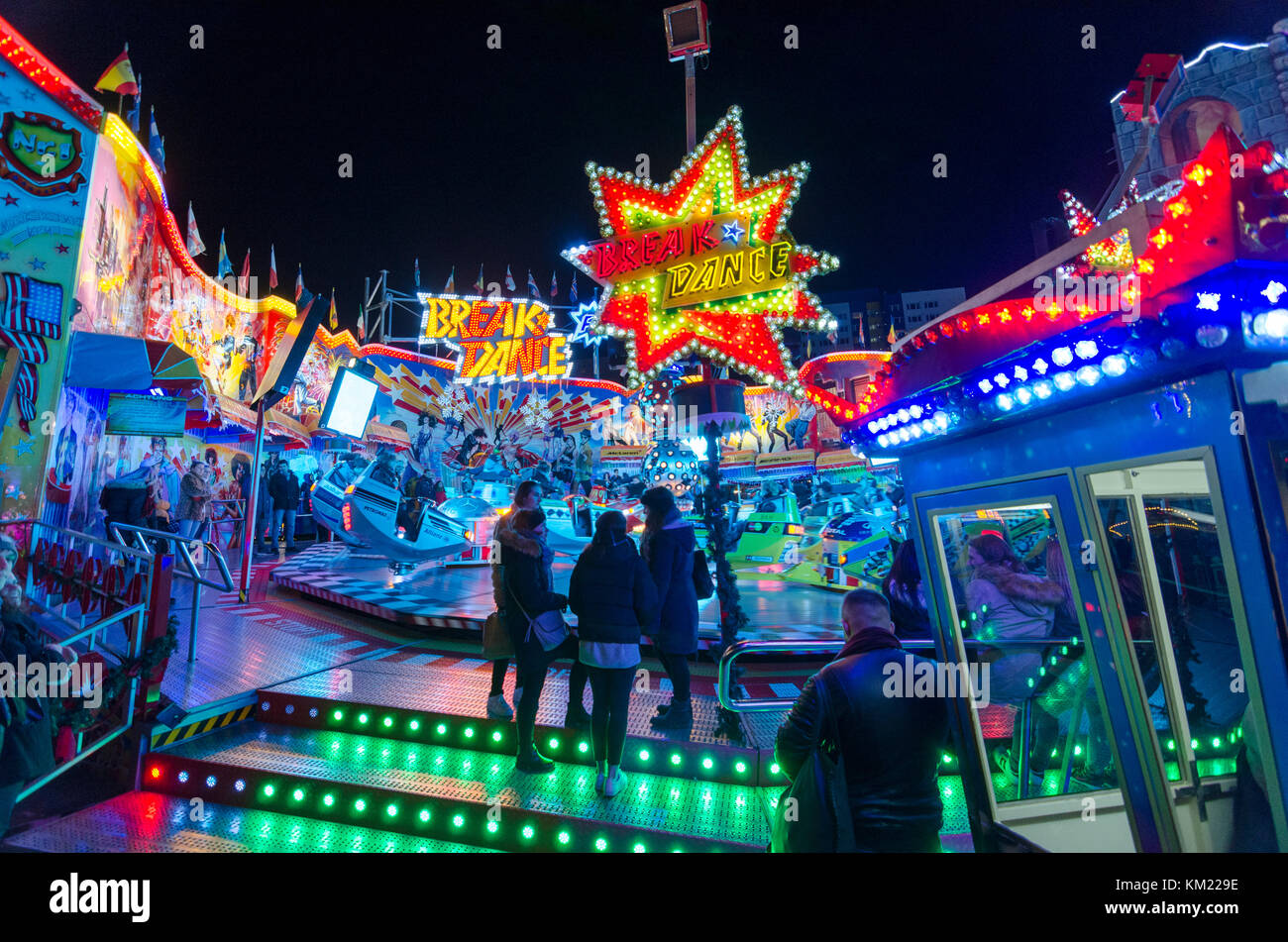 Rides at Wintertraum am Alexa, Berlin's largest annual fair and Christmas market. Berlin, Germany Stock Photo