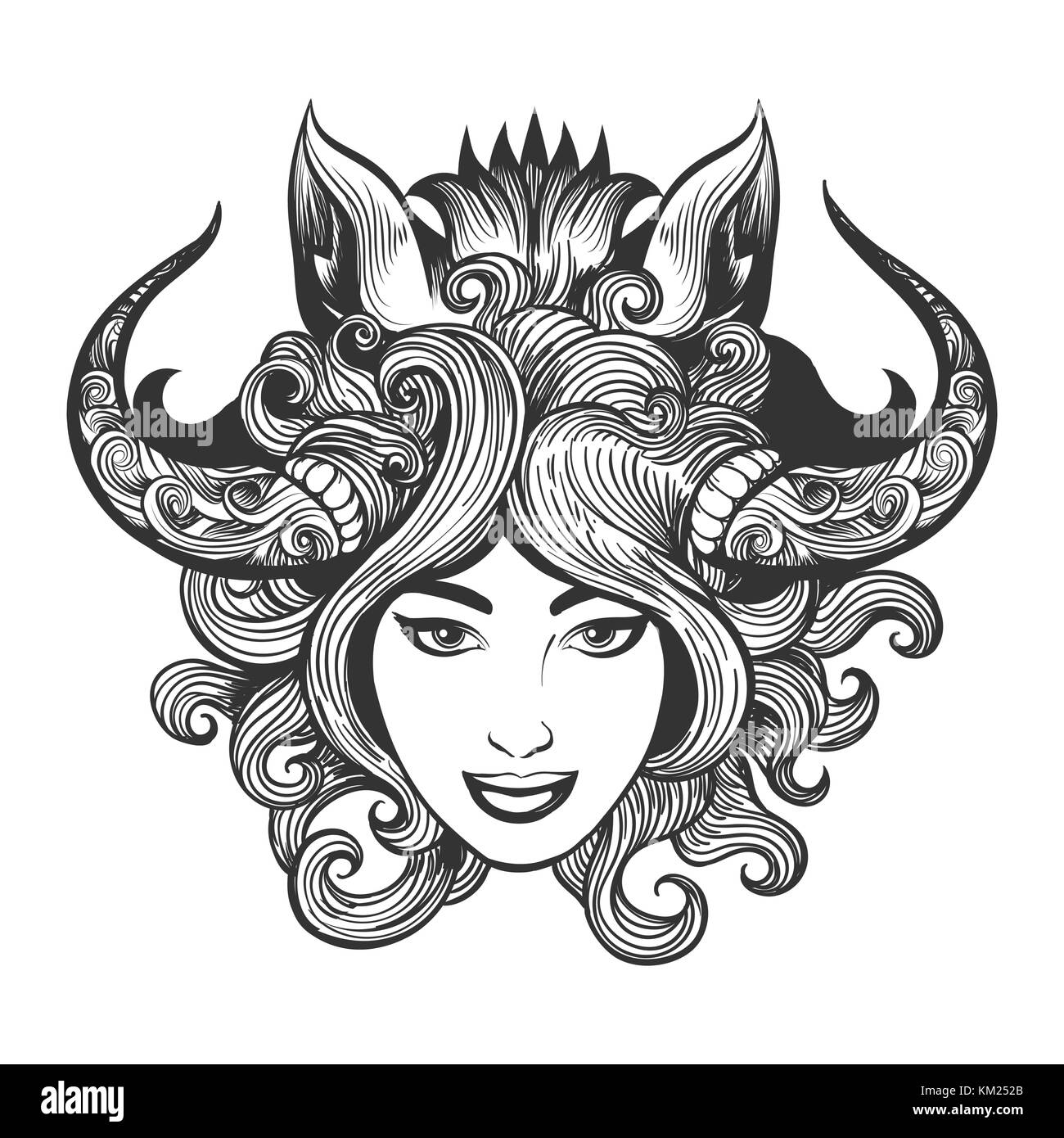 Girl face in shaman mask of boar drawn in tattoo style. Vector illustration. Stock Vector