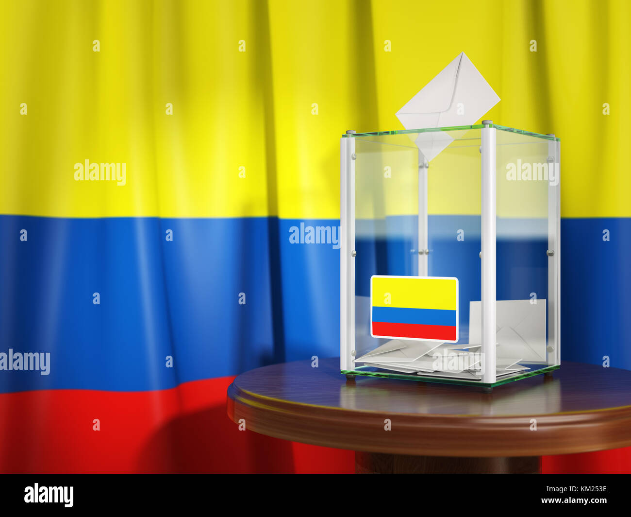Ballot box with flag of Colombia  and voting papers. Colombian presidential or parliamentary election. 3d illustration Stock Photo
