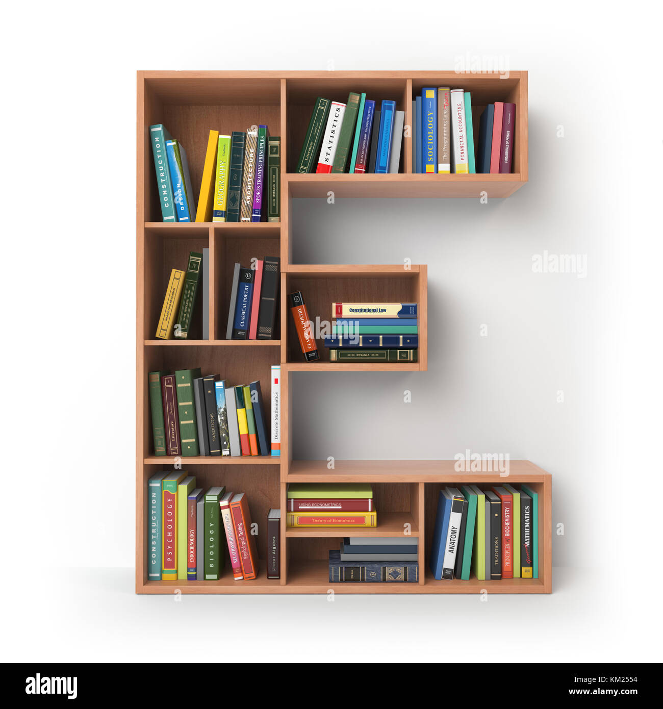 Letter E. Alphabet in the form of shelves with books isolated on white. 3d illustration Stock Photo