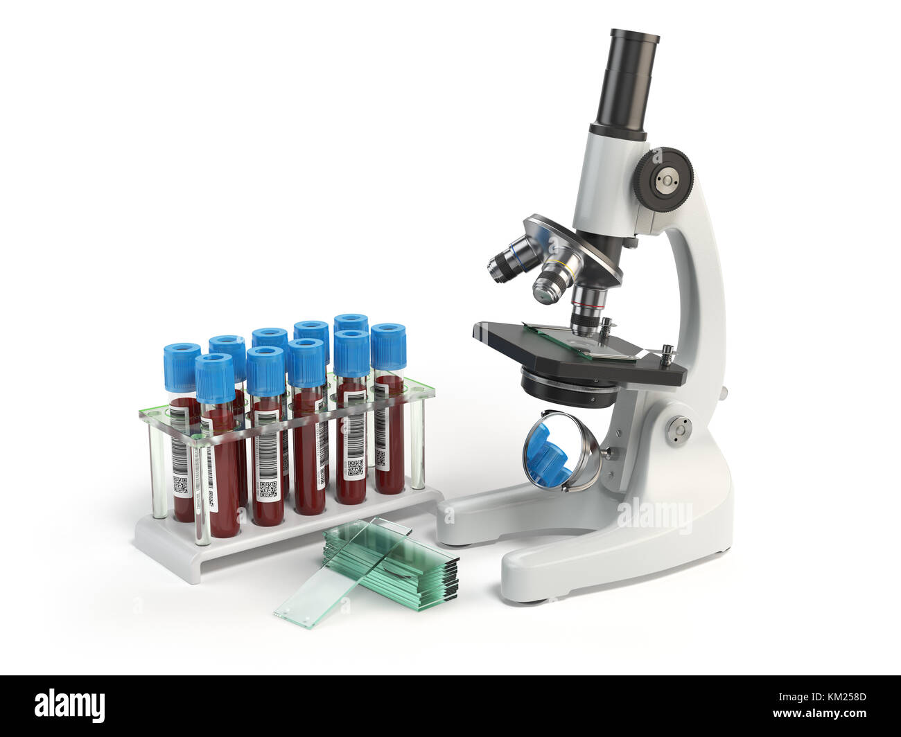 kunstner Repressalier bemærkede ikke Microscope medical test tubes with blood samples isolated on white. 3d  illustration Stock Photo - Alamy