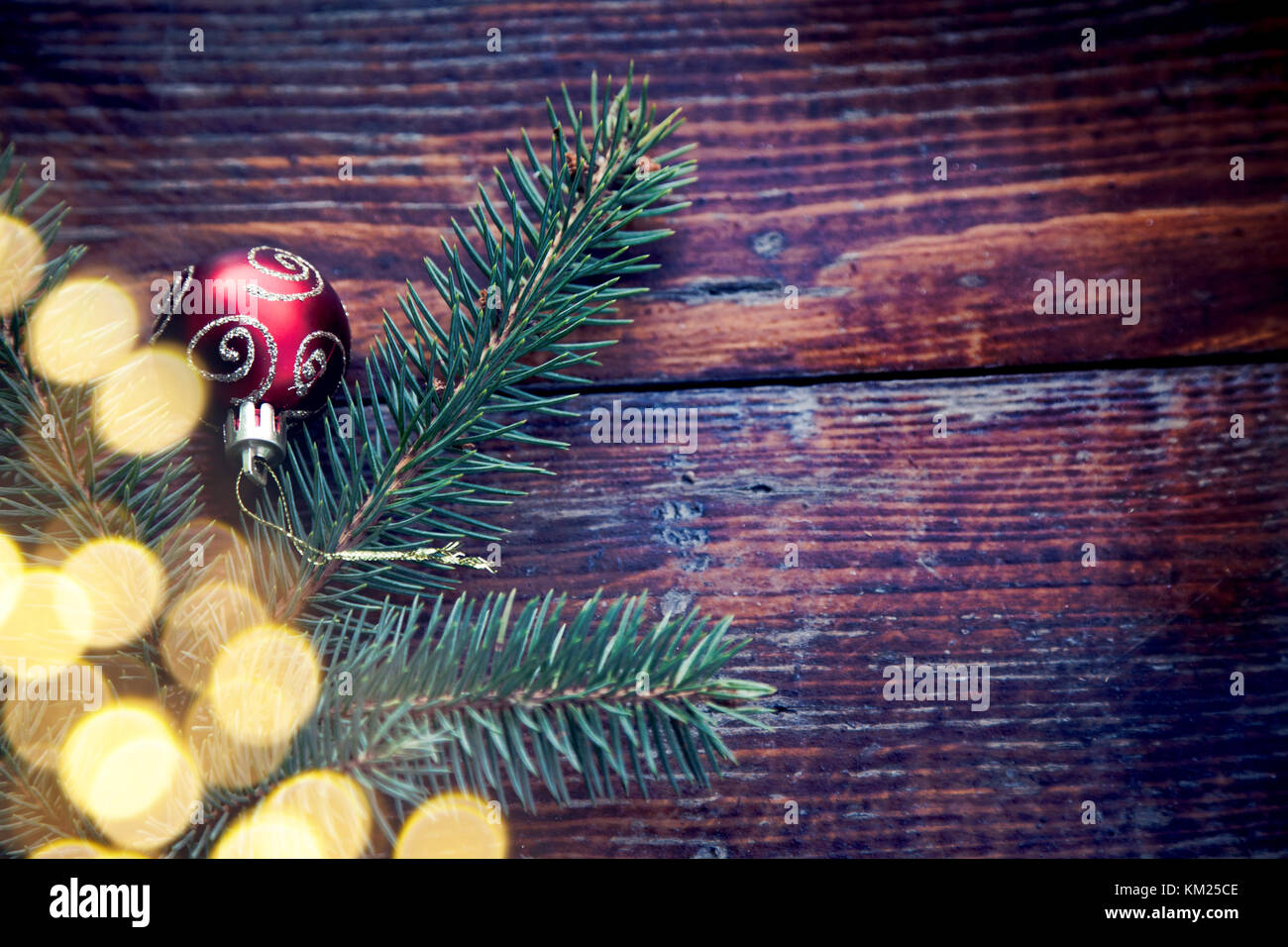 christmas wooden background with fir branches and balls Stock Photo - Alamy