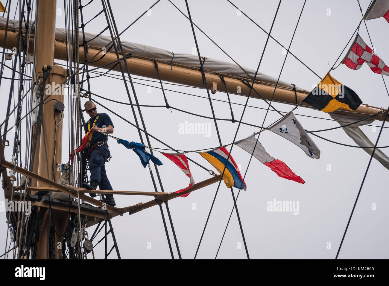 Crew aloft in the rigging of United States Coast Guard Barque 'Eagle'  during arrival in Halifax, Nova Scotia, Canada for RDV 2017. Stock Photo