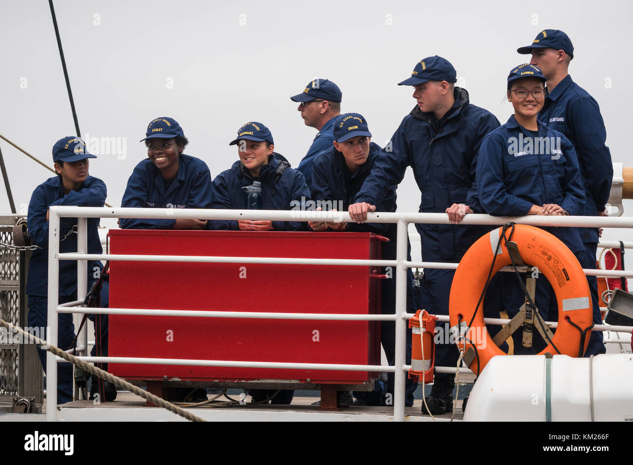 Crew of United States Coast Guard Barque 'Eagle' manning the ship during arrival in Halifax, Nova Scotia, Canada for RDV 2017. Stock Photo