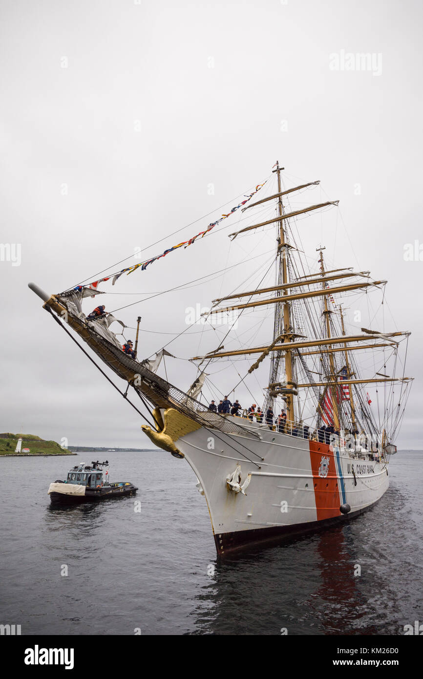 United Stated Coast Guard Barque Eagle arriving in Halifax, Nova Scotia, for Tall Ships Rendezvous 2017. Stock Photo