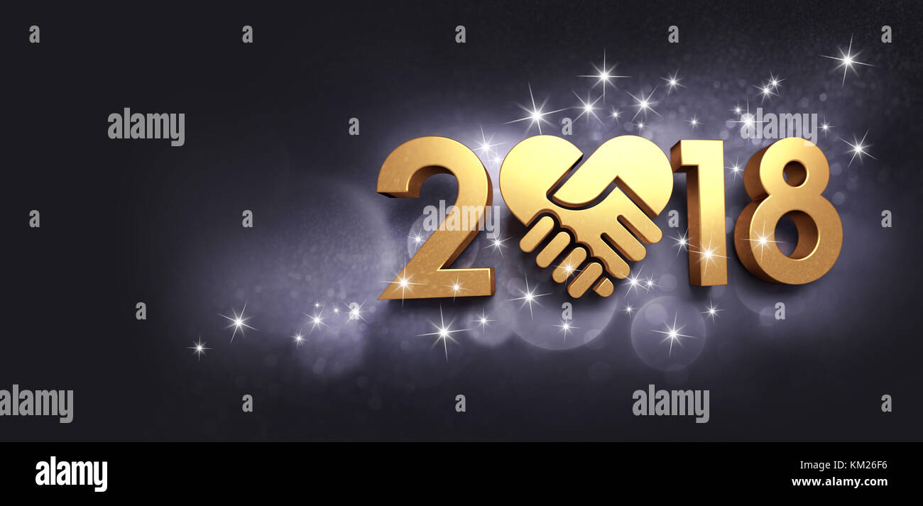New Year date 2018, composed with a golden heart, glittering on a black background - 3D illustration Stock Photo