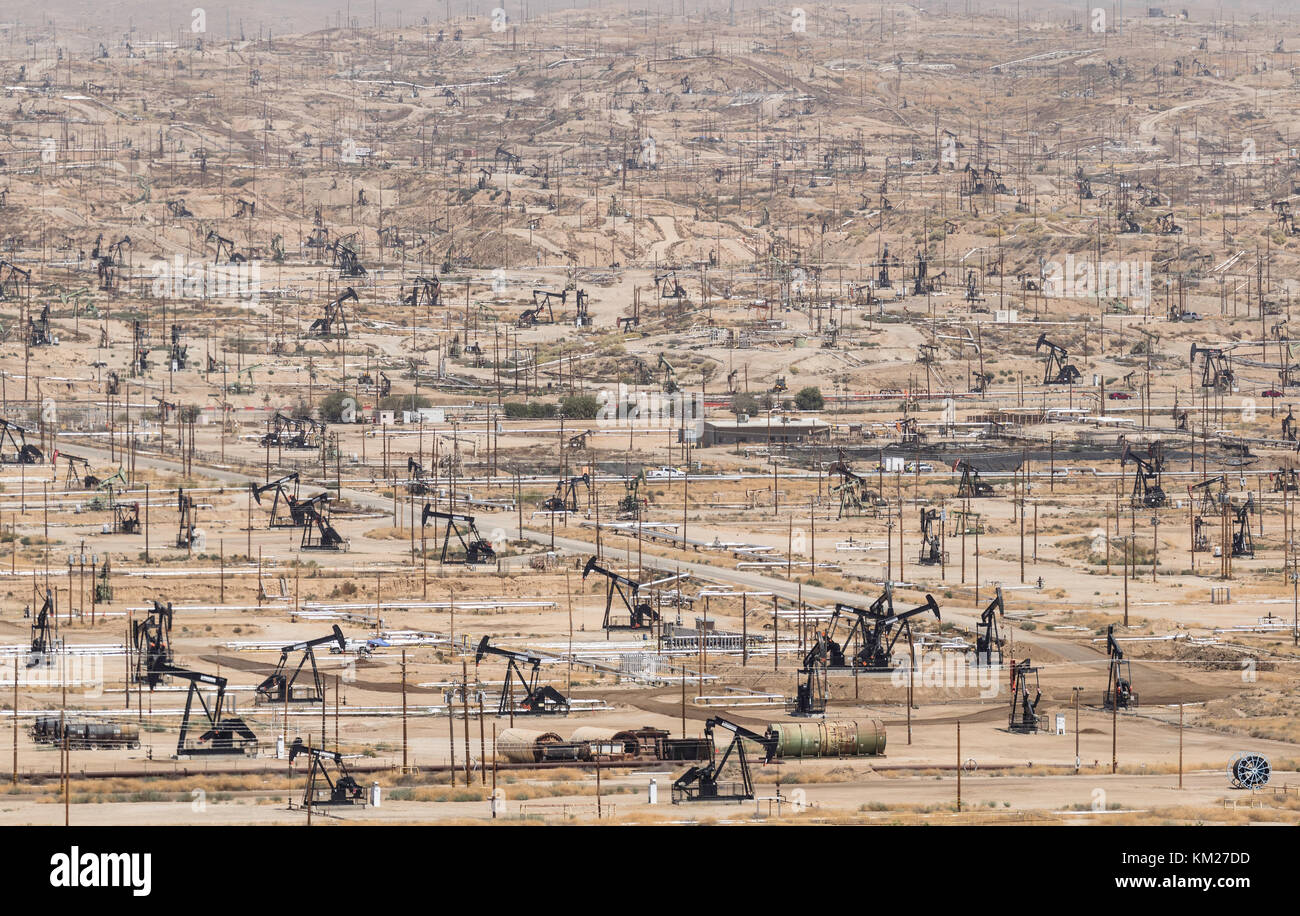 Kern River Oil Field, the most dense oilfield in the United States. Thousands of pumpjacks in the town of Bakersfield, California. Stock Photo