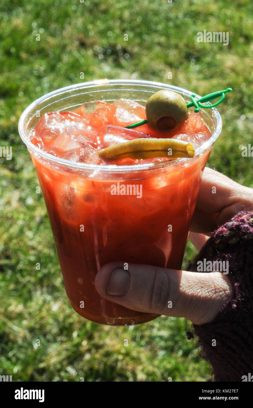 Bloody Mary in a plastic cup outside Stock Photo - Alamy