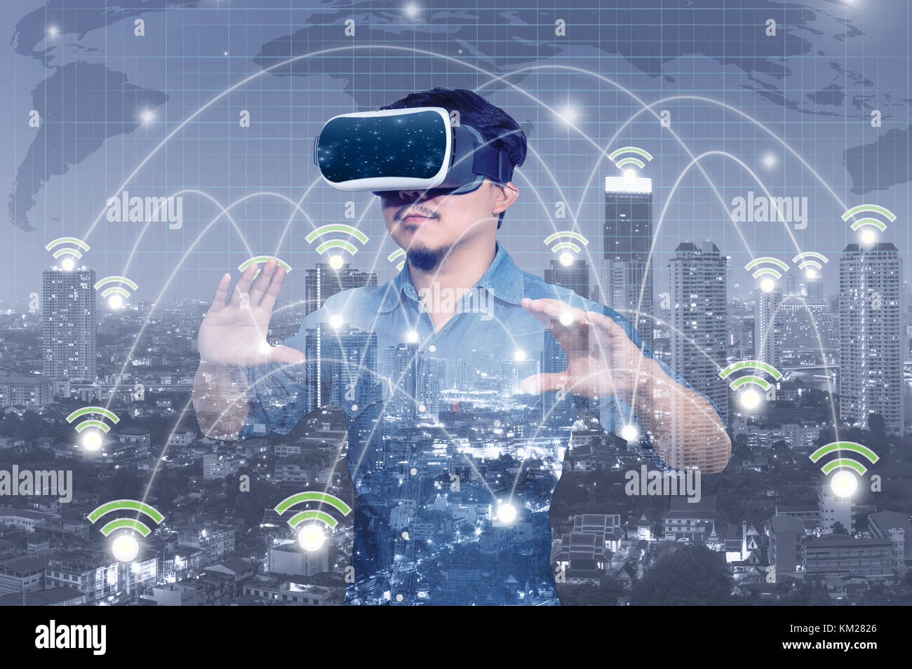 Double exposure Asian Man wearing virtual reality with Network ...