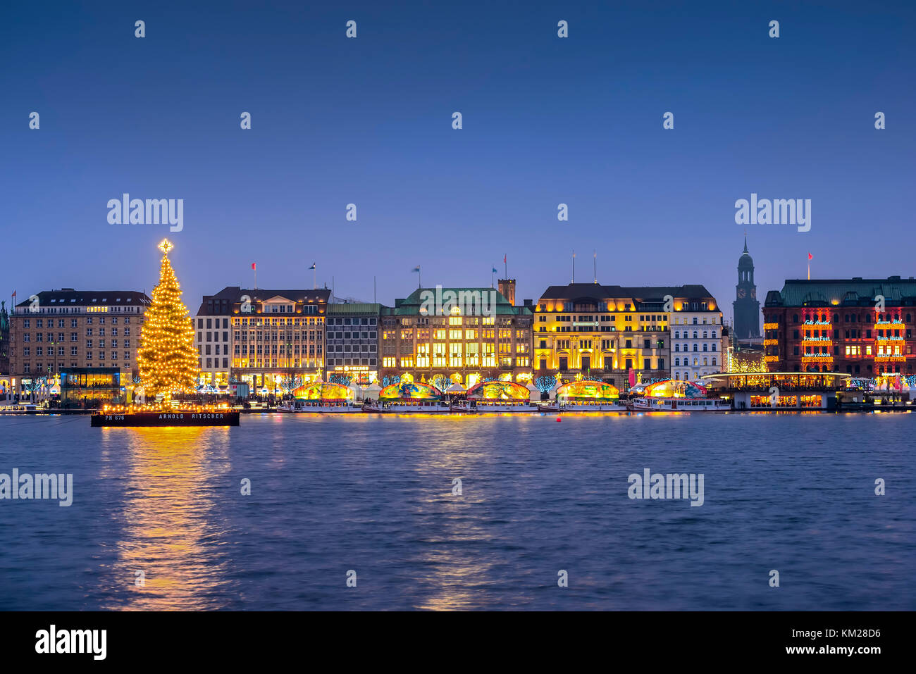 Christmas tree on the Inner Alster Lake in Hamburg, Germany, Europe Stock Photo