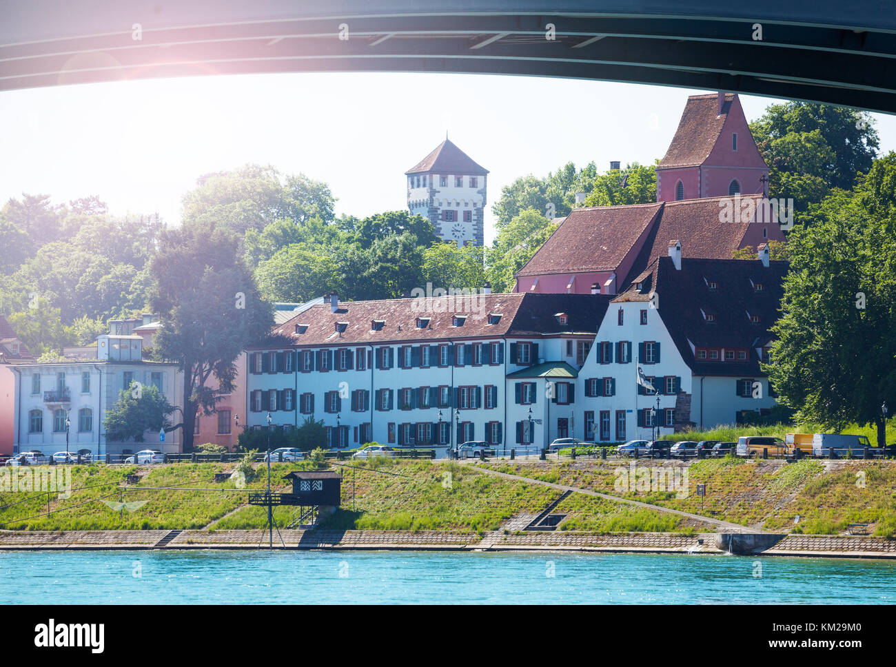 Waterfront of Basel with cable ferry across the Rhine river, Switzerland Stock Photo