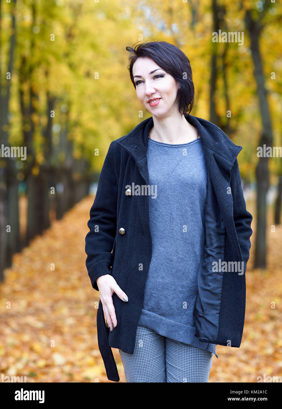 young woman posing in autumn park with yellow trees, fall season Stock ...