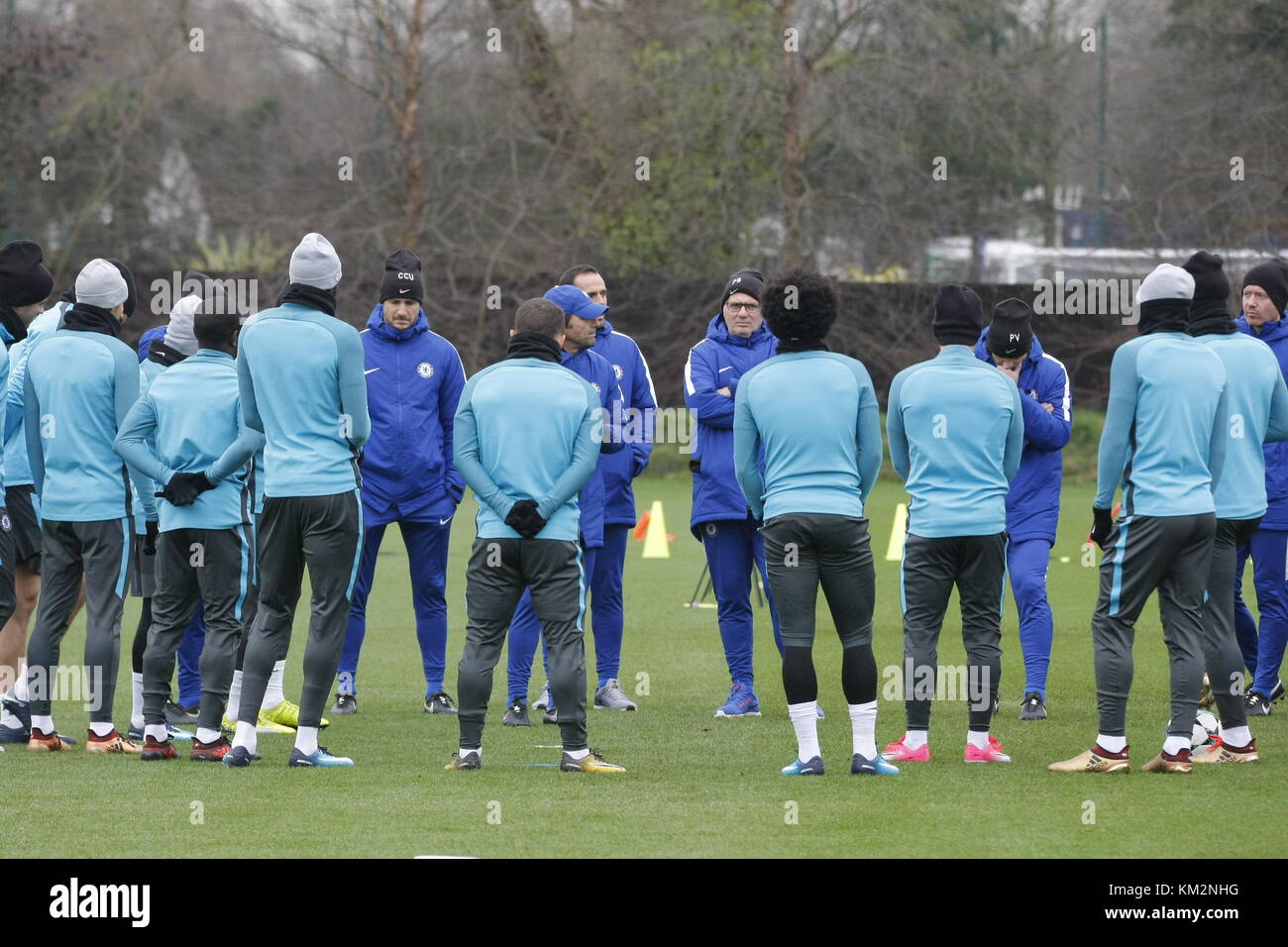 Cobham, Surrey, UK. 4th Dec, 2017. Chelsea Football Club players and