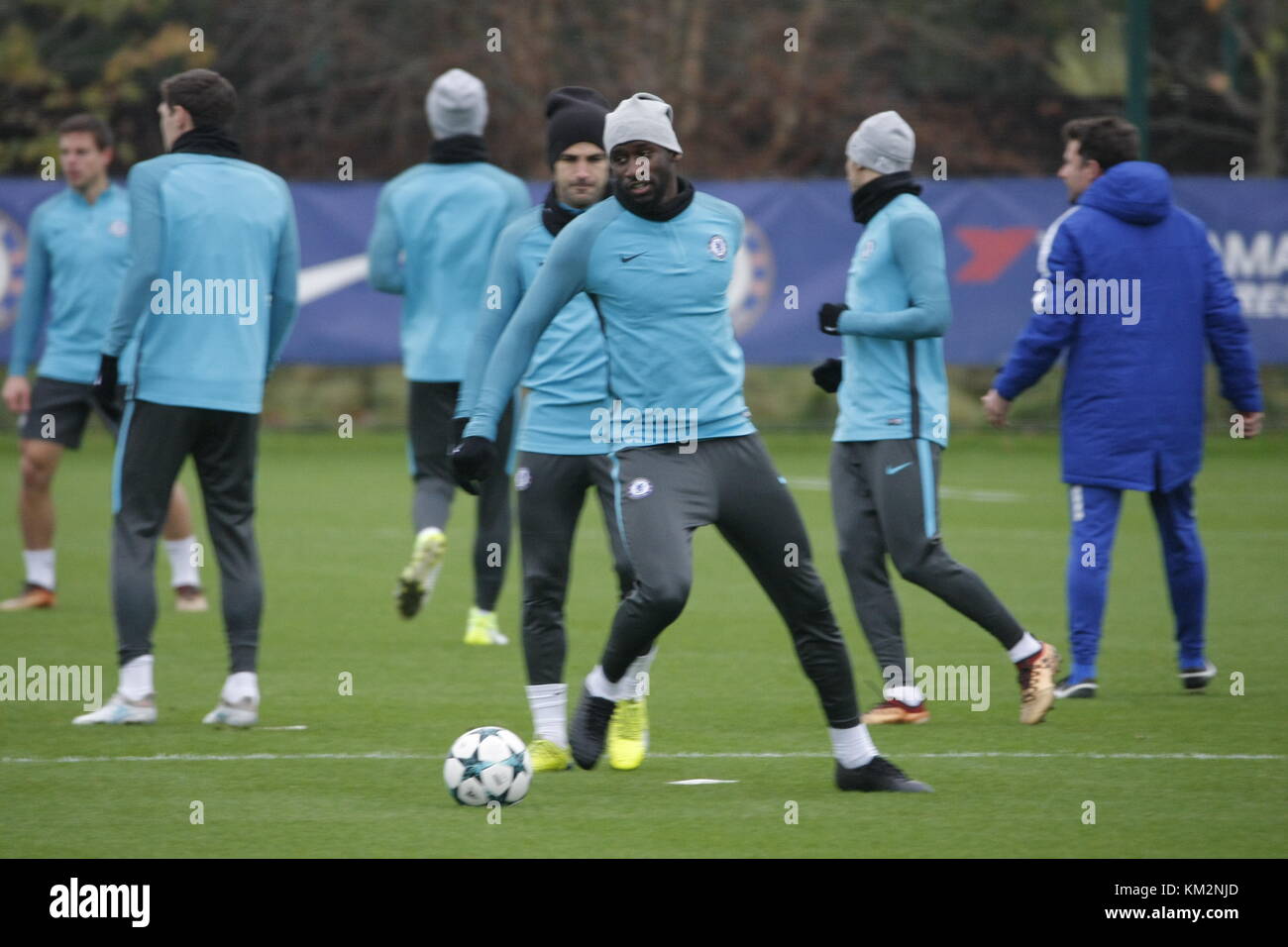 Cobham, Surrey, UK. 4th Dec, 2017. Rudiger and Chelsea Football Club players and manager Antonio Conte train before tomorrow's last 2017-18 Group Stage Champions League match against Athletico Madrid. Credit: Motofoto/Alamy Live News Stock Photo