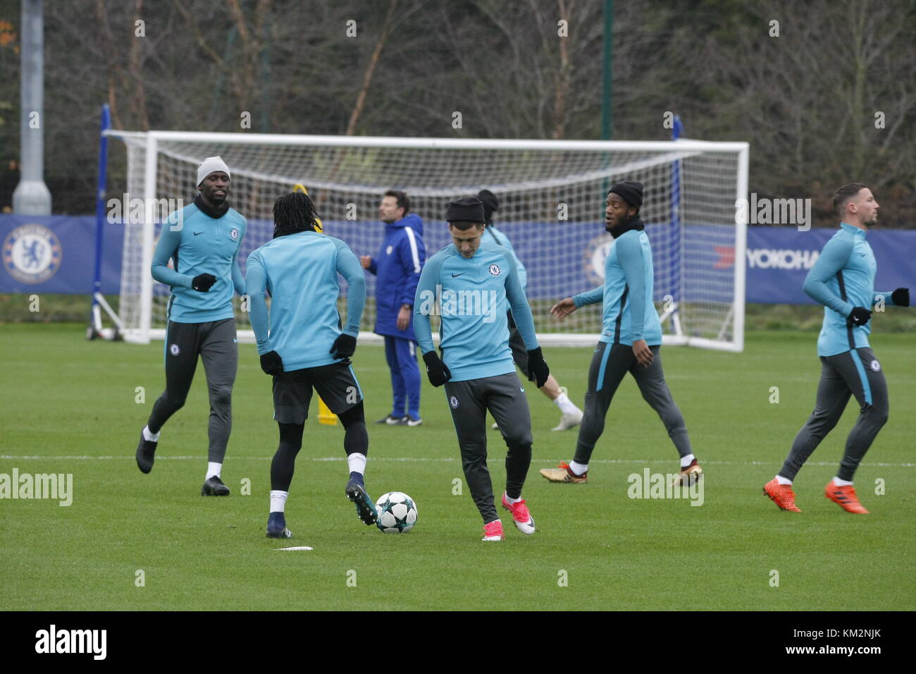 Cobham, Surrey, UK. 4th Dec, 2017. Chelsea Football Club players and