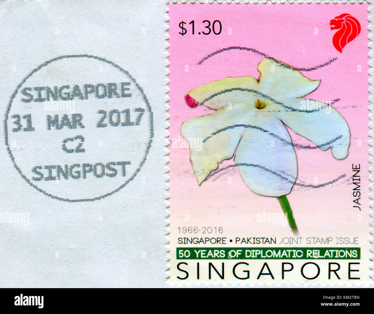 GOMEL, BELARUS, 3 DECEMBER 2017, Stamp printed in Singapore shows image of the Jasmine, circa 2016. Stock Photo