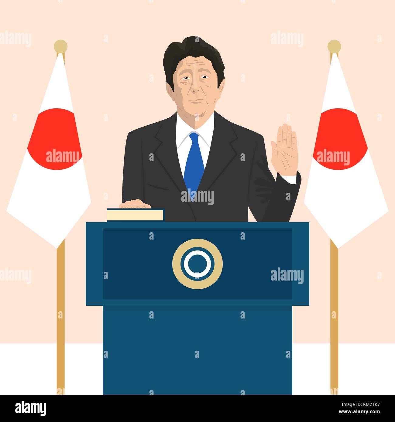 02.12.2017 Editorial illustration of the Prime Minister of Japan Shinzo Abe that is taking an oath on Japanese flag background. Stock Vector