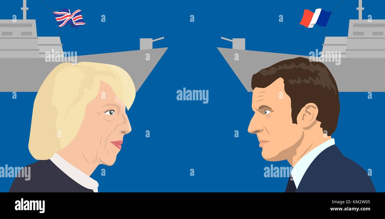 02.12.2017 Editorial illiustration of the French Republic President Emmanuel Macron and the President of the Russian Federation Vladimir Putin on mili Stock Vector