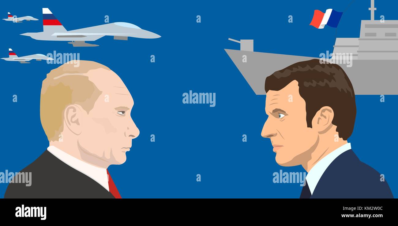 02.12.2017 Editorial illiustration of the French Republic President Emmanuel Macron and the President of the Russian Federation Vladimir Putin on mili Stock Vector