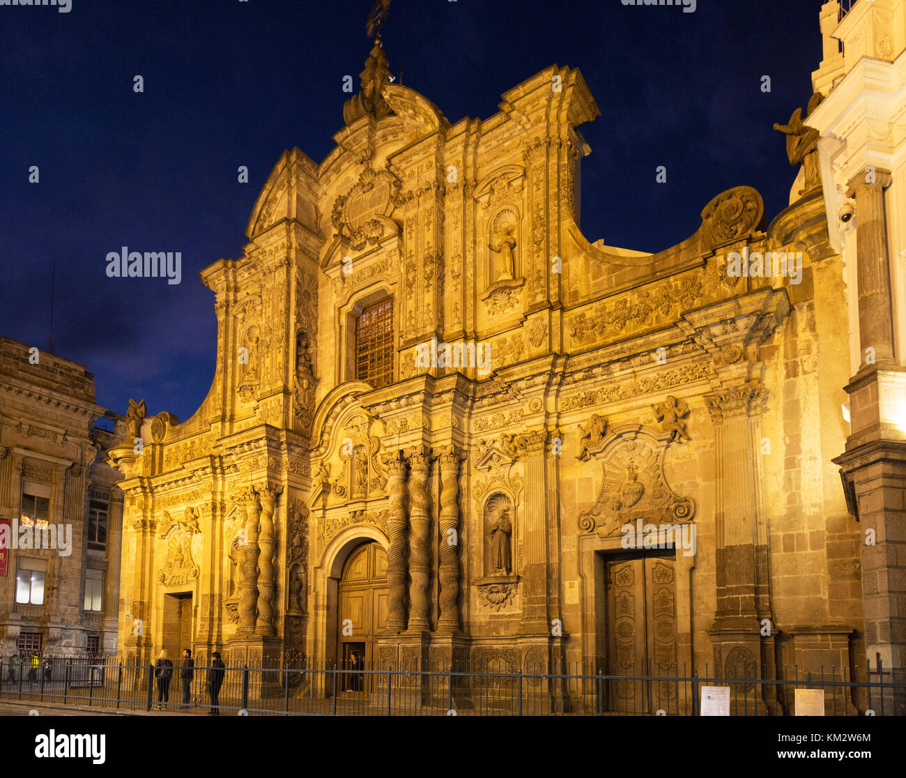 Quito Ecuador, Iglesia de la Compania ( La Compania ), a Jesuit Church, lit at night, Quito Old Town, Ecuador Latin America Stock Photo