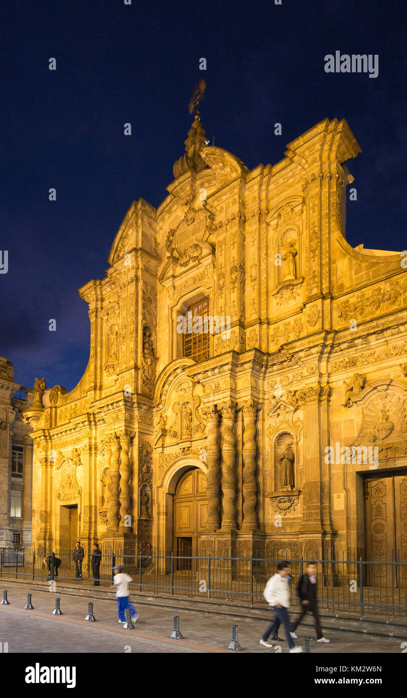 Quito Ecuador, Iglesia de la Compania ( La Compania ), a Jesuit Church, lit at night, Quito Ecuador Latin America Stock Photo